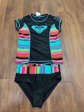 Roxy Black Kids' Rashguard Set with Multicolor Stripe Accents